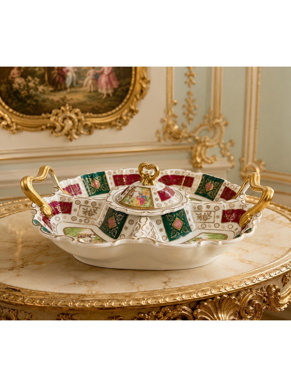 Germany Vintage 1930s Relish Server Vienna-Style Beehive Mark Porcelain, 12x5.5”